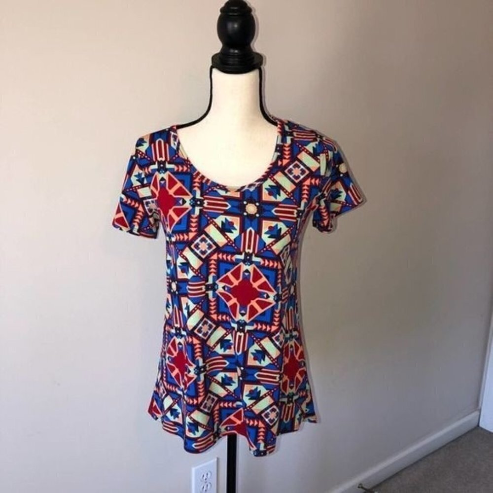 Lularoe Womens Size XXS Classic Tee Blue Multi Print Top Short Sleeve Shirt
